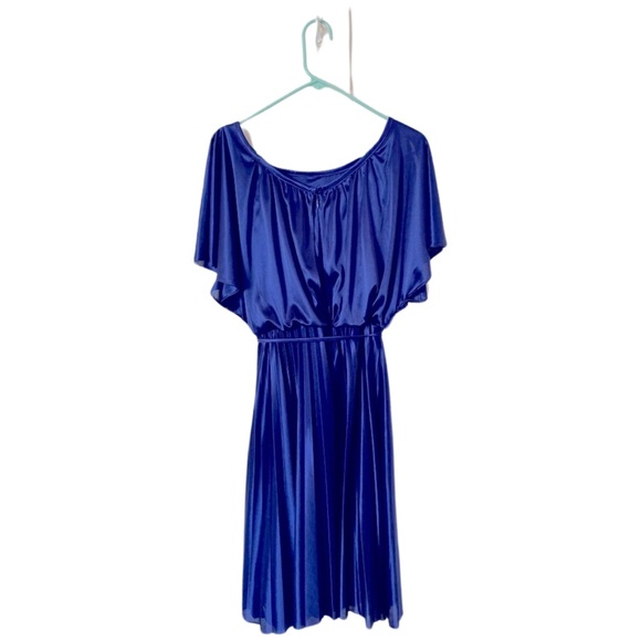 Dress Barn Blue Cape Sleeve Midi Dress Size 16 Shiny - Picture 2 of 9